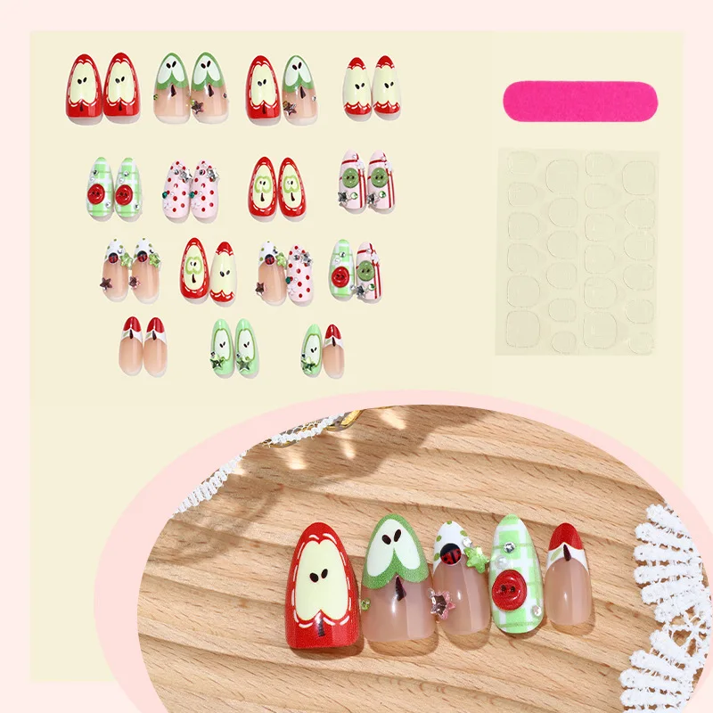 24PCS Cute Cartoon Red Apple False Nails Green Polka Dots Plaid Patterns French Fake Nails Tip Sweet Fruit Almond Nails Press On - Image 2