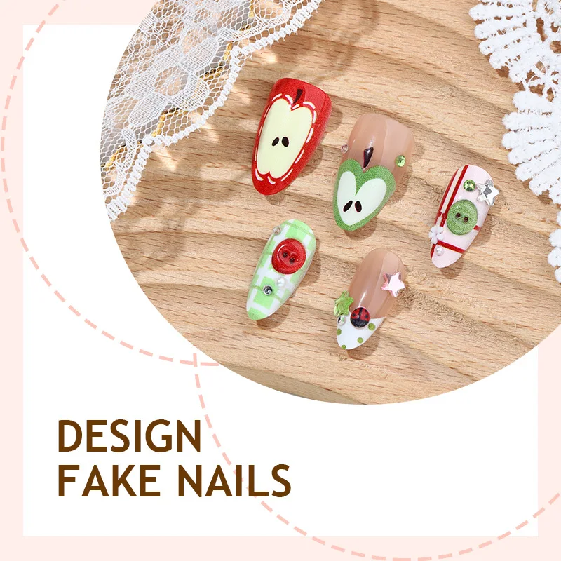 24PCS Cute Cartoon Red Apple False Nails Green Polka Dots Plaid Patterns French Fake Nails Tip Sweet Fruit Almond Nails Press On - Image 3