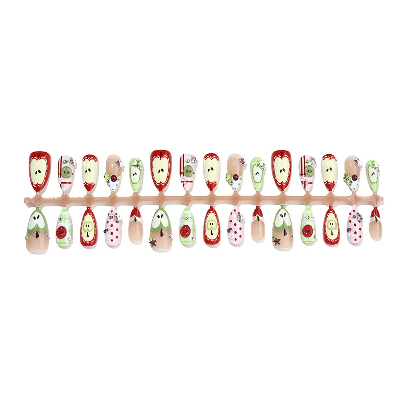 24PCS Cute Cartoon Red Apple False Nails Green Polka Dots Plaid Patterns French Fake Nails Tip Sweet Fruit Almond Nails Press On - Image 5