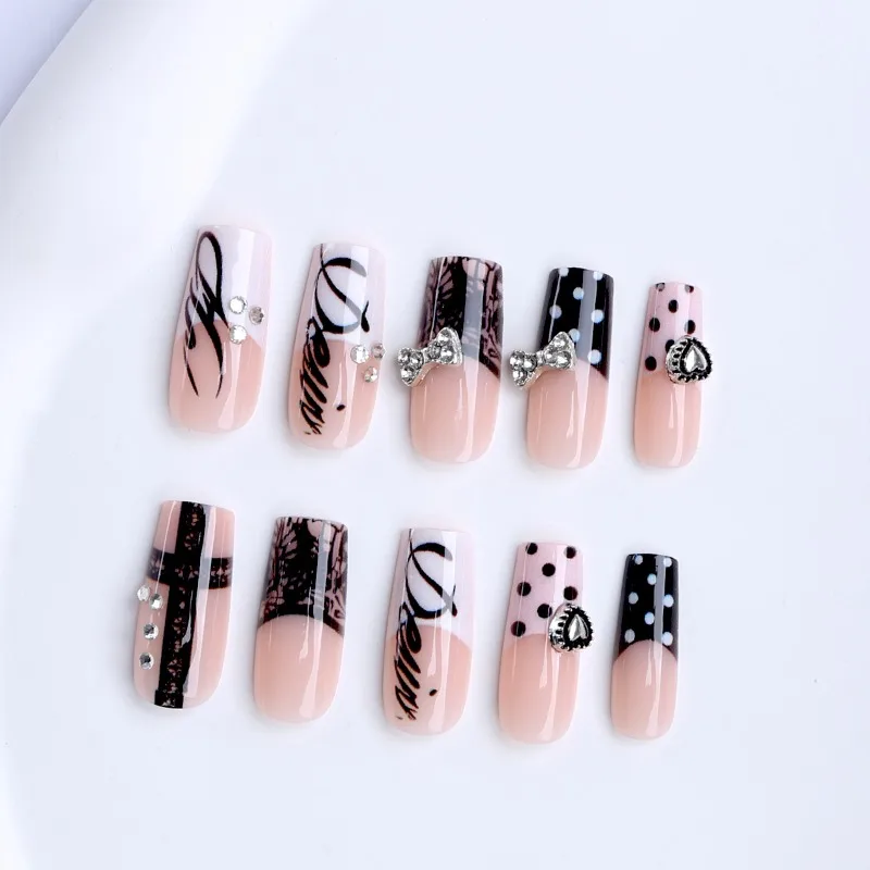 24PCS Y2k Dark Medium Square False Nails Black Lace Cross French Polka Dot Press on Nails 3D Metallic Silver Bow Heart Nail Tips - Image 2