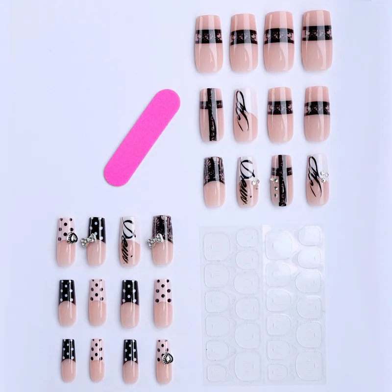 24PCS Y2k Dark Medium Square False Nails Black Lace Cross French Polka Dot Press on Nails 3D Metallic Silver Bow Heart Nail Tips - Image 3