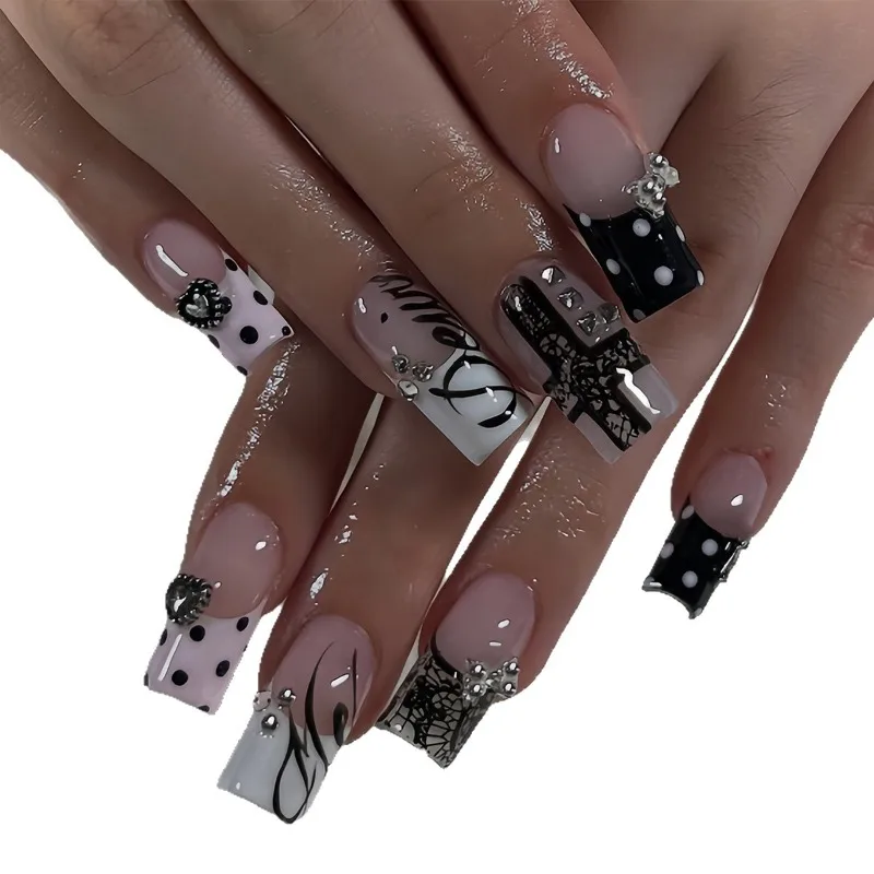 24PCS Y2k Dark Medium Square False Nails Black Lace Cross French Polka Dot Press on Nails 3D Metallic Silver Bow Heart Nail Tips - Image 5