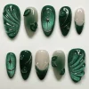 24Pcs 3D Green Ripple Design False Nails Cat's Eye French Almond Fake Nail Tips Leaves Pattern Removable Oval Press on Nails