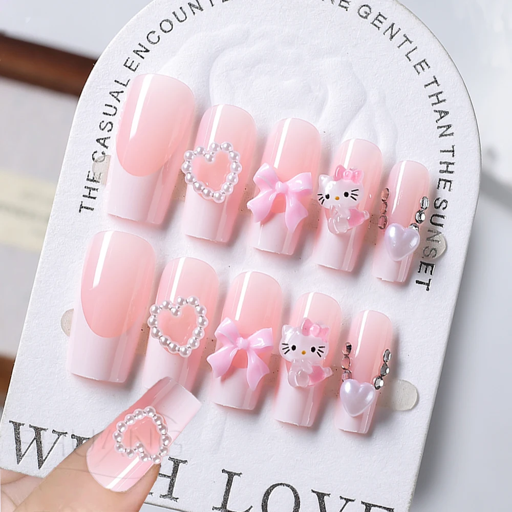 24Pcs 3D Hello Kitty Pearl Bow False Nails Medium Coffin Pink French Fake Nail Patches Y2k Cartoon Wearable Women Press On Nails - Image 2