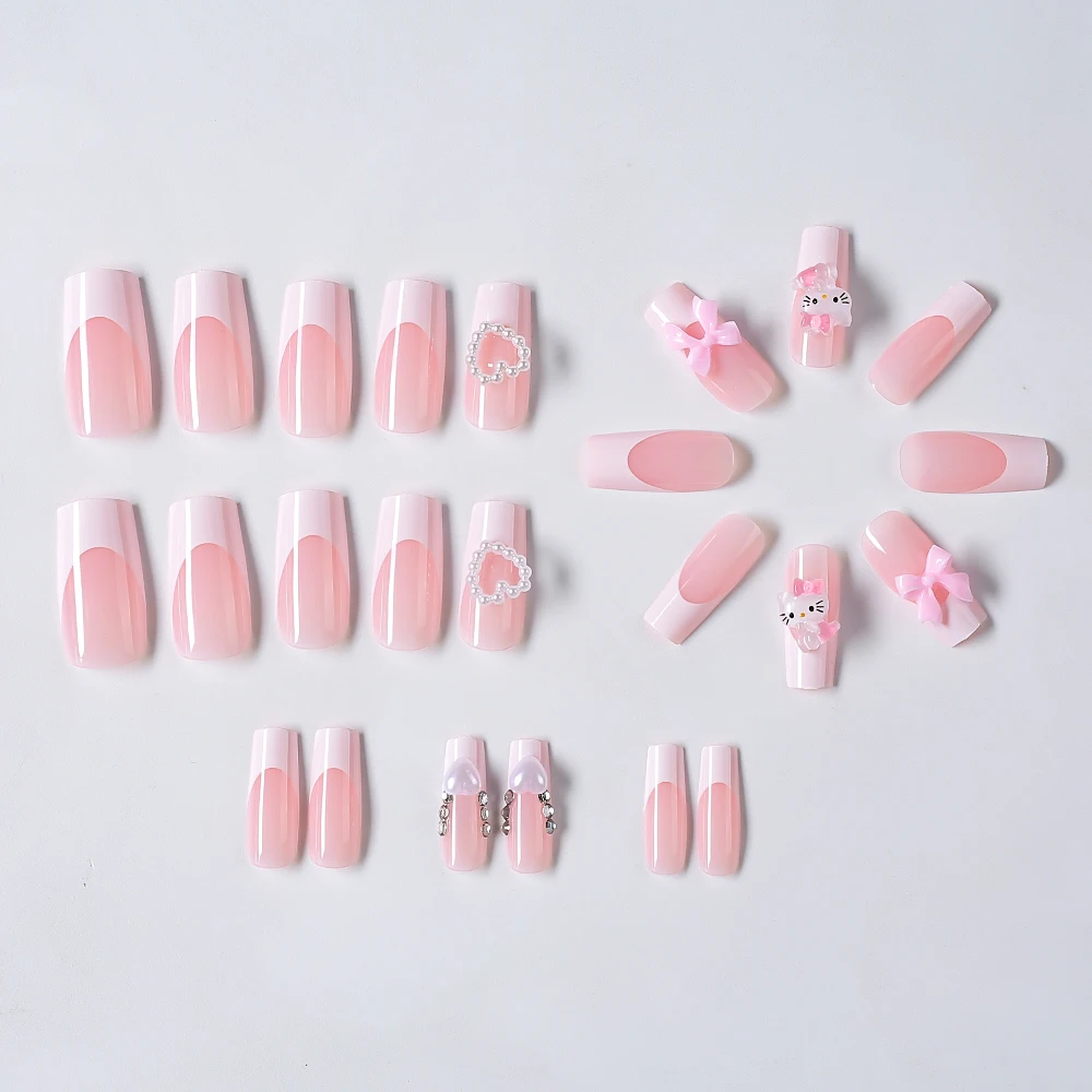 24Pcs 3D Hello Kitty Pearl Bow False Nails Medium Coffin Pink French Fake Nail Patches Y2k Cartoon Wearable Women Press On Nails - Image 4
