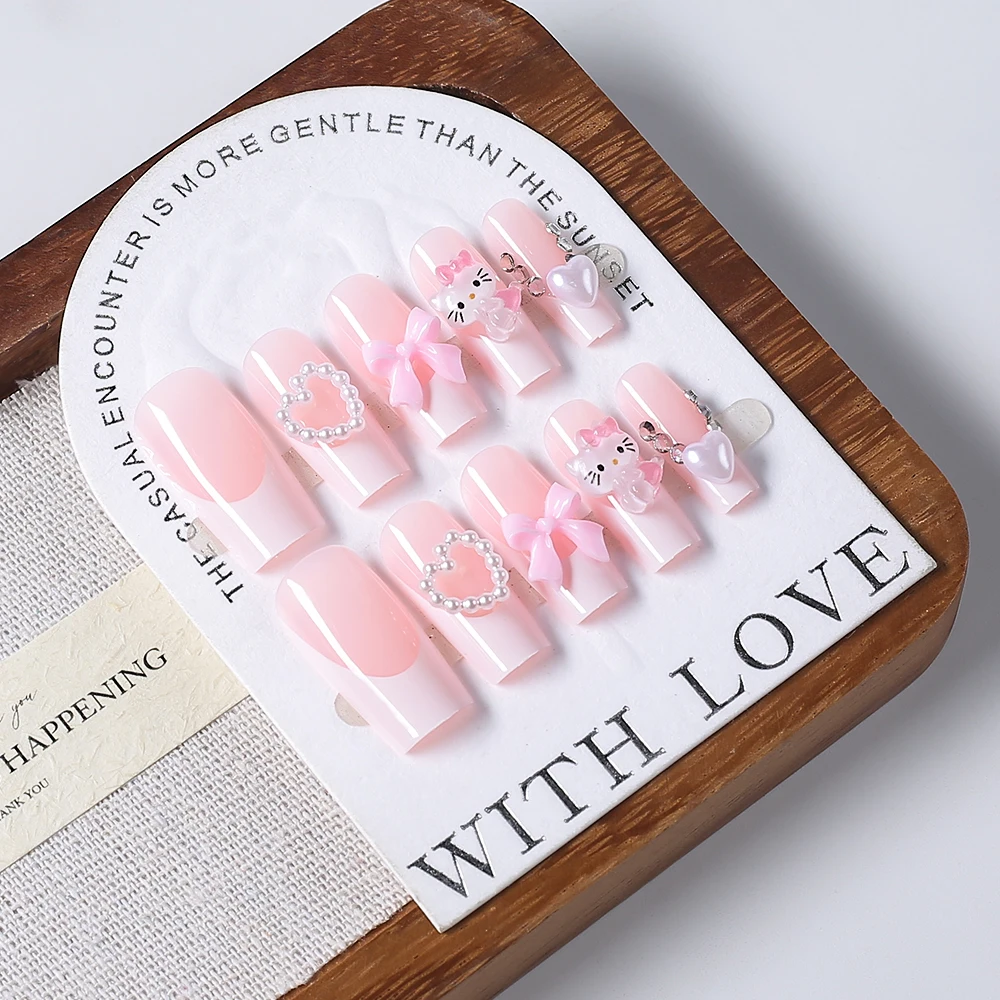 24Pcs 3D Hello Kitty Pearl Bow False Nails Medium Coffin Pink French Fake Nail Patches Y2k Cartoon Wearable Women Press On Nails - Image 3