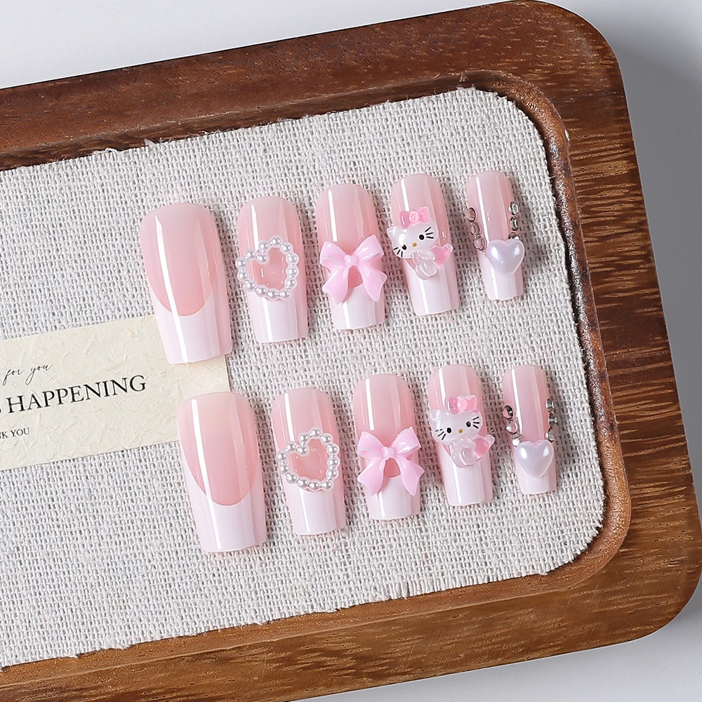 24Pcs 3D Hello Kitty Pearl Bow False Nails Medium Coffin Pink French Fake Nail Patches Y2k Cartoon Wearable Women Press On Nails - Image 5