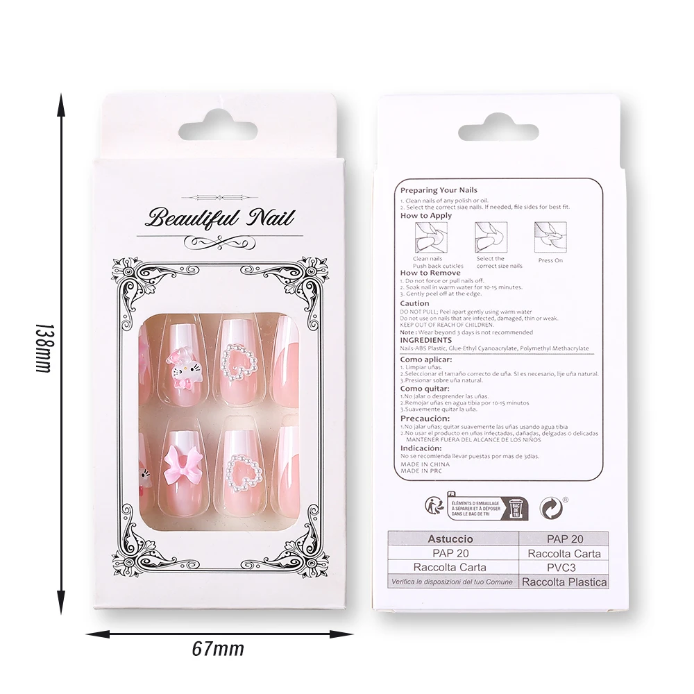 24Pcs 3D Hello Kitty Pearl Bow False Nails Medium Coffin Pink French Fake Nail Patches Y2k Cartoon Wearable Women Press On Nails - Image 6