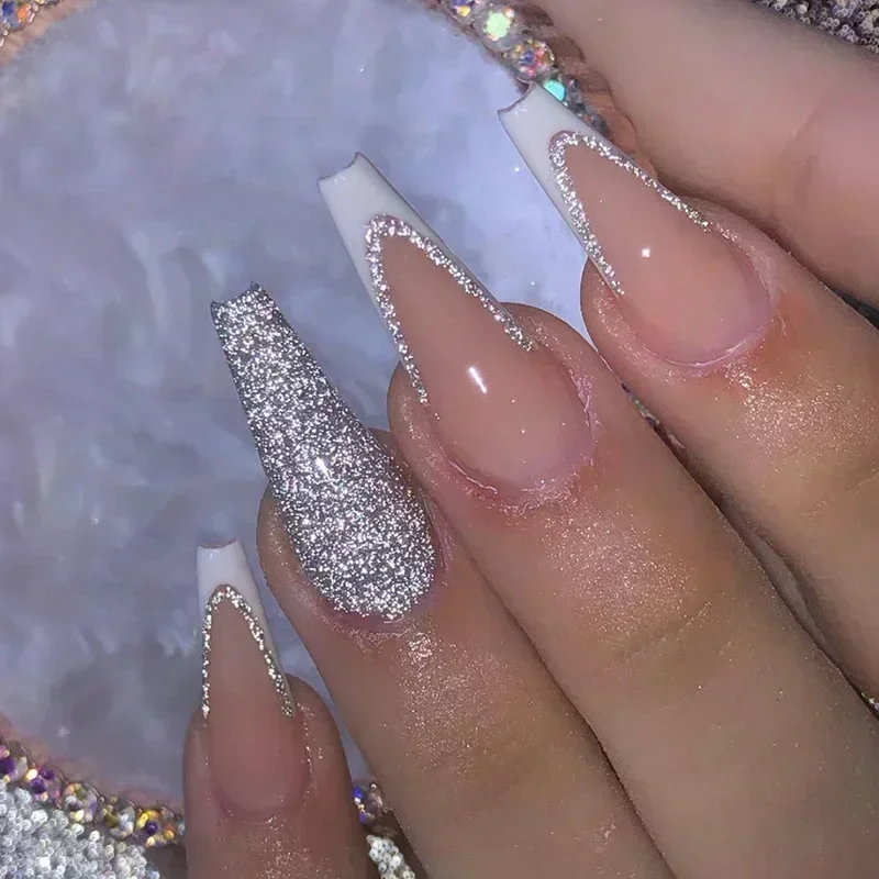 24Pcs Brown Long Coffin False Nails Glitter Ballet Wearable with French Design Fake nails Full Press on Nail Ins Nail Tips Art - Image 2