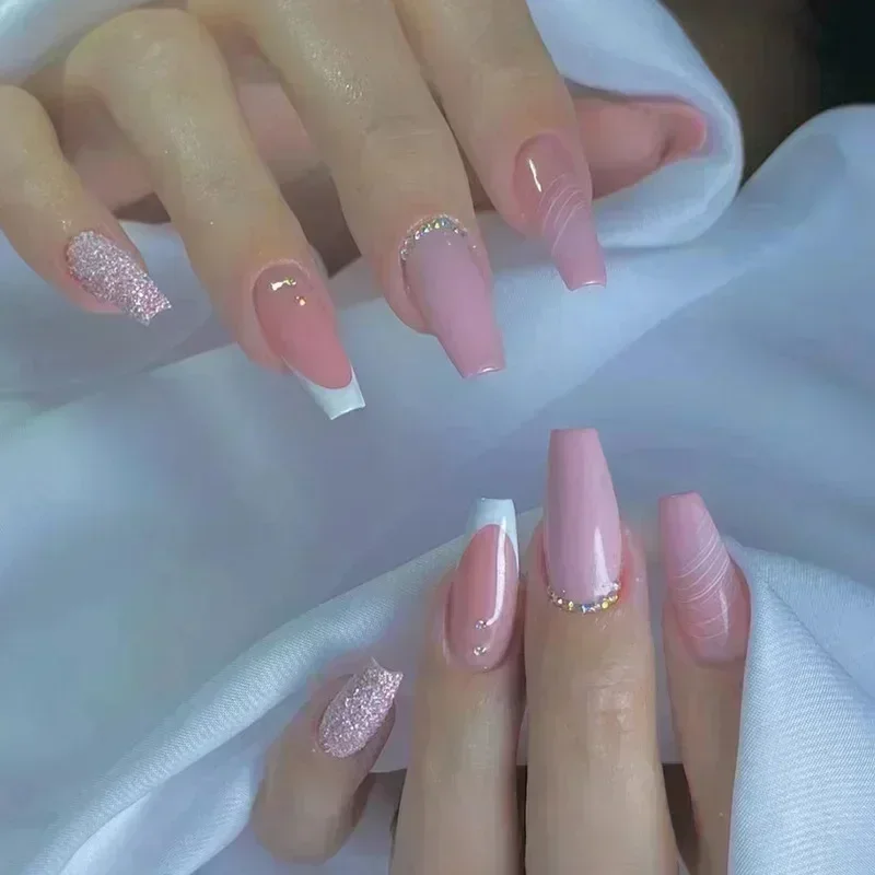 24Pcs Brown Long Coffin False Nails Glitter Ballet Wearable with French Design Fake nails Full Press on Nail Ins Nail Tips Art - Image 3