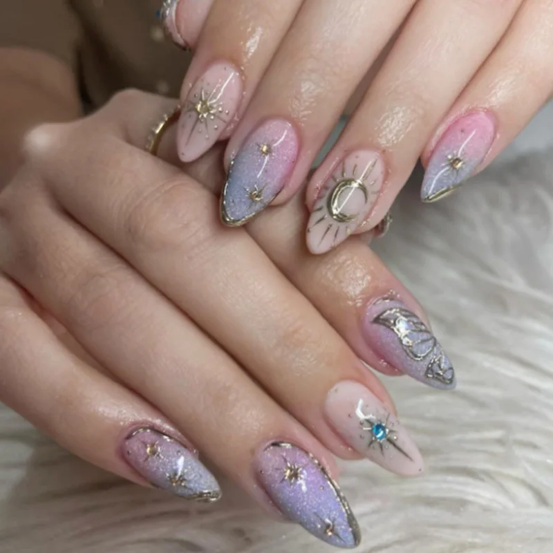 24Pcs False Nails Spicy Girl Silver Bow with Diamond Fake Nails with Glue Almond Press on Nails Black Cool Y2k Almond Nail Set - Image 2