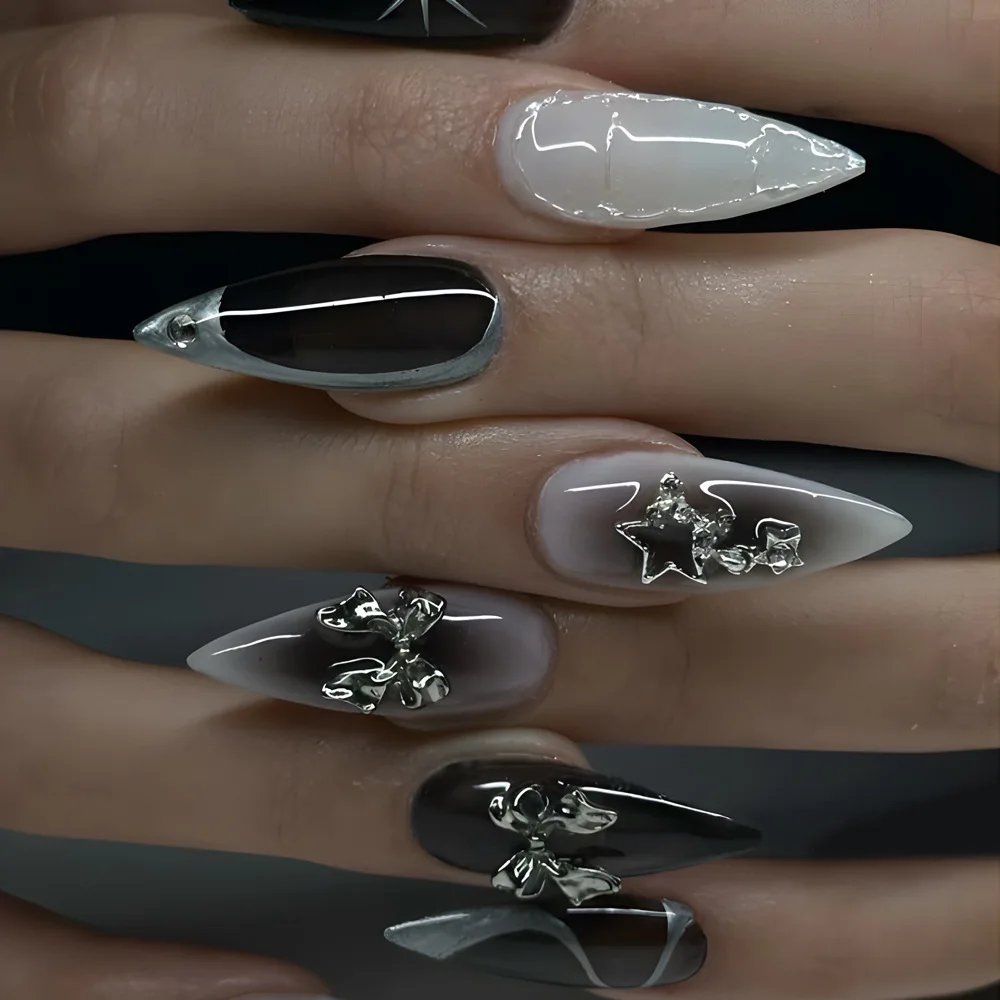 24Pcs False Nails Spicy Girl Silver Bow with Diamond Fake Nails with Glue Almond Press on Nails Black Cool Y2k Almond Nail Set - Image 5