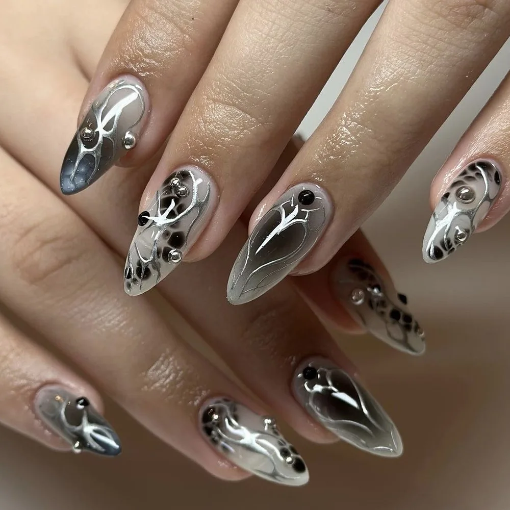 24Pcs False Nails Spicy Girl Silver Bow with Diamond Fake Nails with Glue Almond Press on Nails Black Cool Y2k Almond Nail Set - Image 6