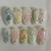 24Pcs Flora Almond Press on Nails with Glue Mori Girl Nail Art Ballet Rural Style Full Cover Wearable Acrylic Nail Manicure Tips