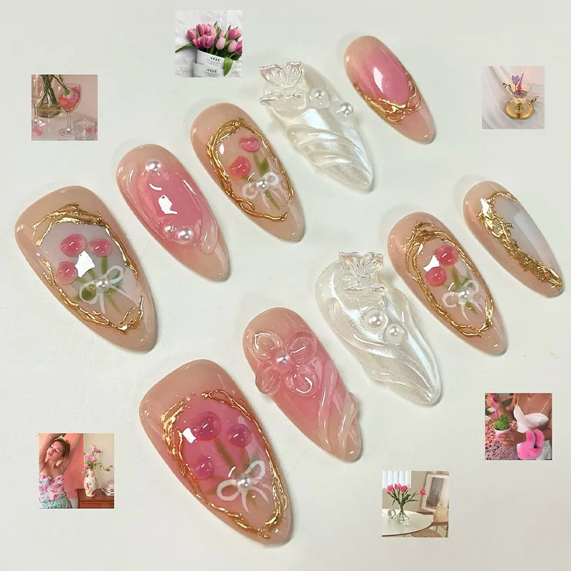 24Pcs Flora Almond Press on Nails with Glue Mori Girl Nail Art Ballet Rural Style Full Cover Wearable Acrylic Nail Manicure Tips - Image 5