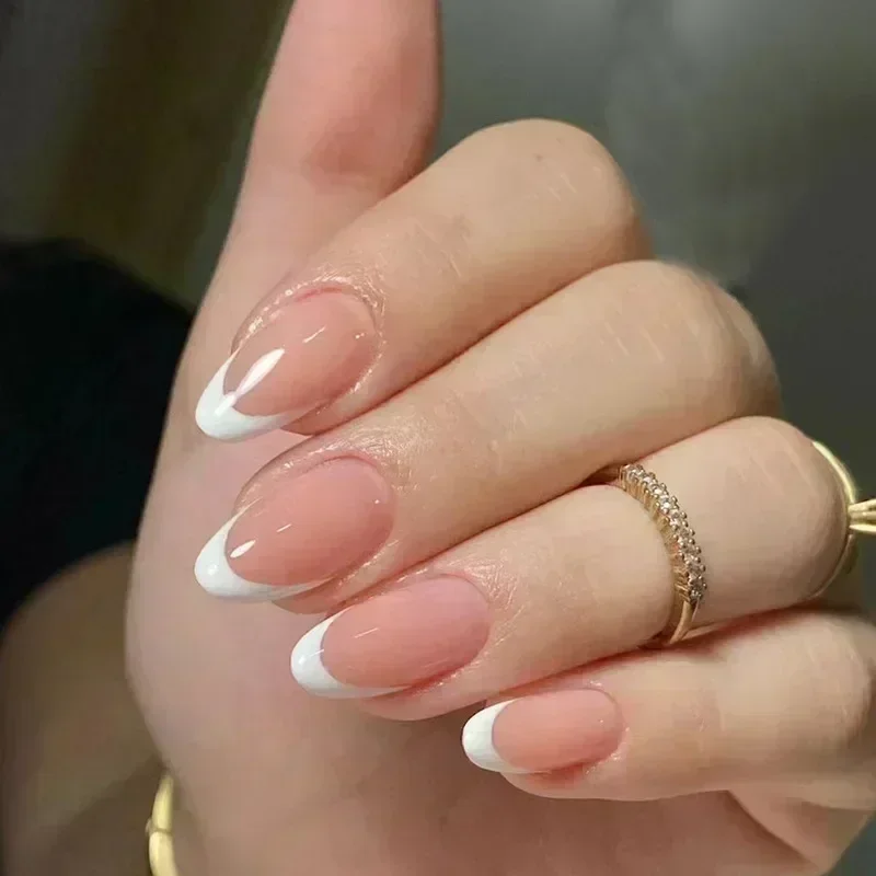 24Pcs French False Nails Almond Fake Nails with Glue Press on White Edge Design Wearable Simple Ins Pink Stiletto Nail Tips - Image 3