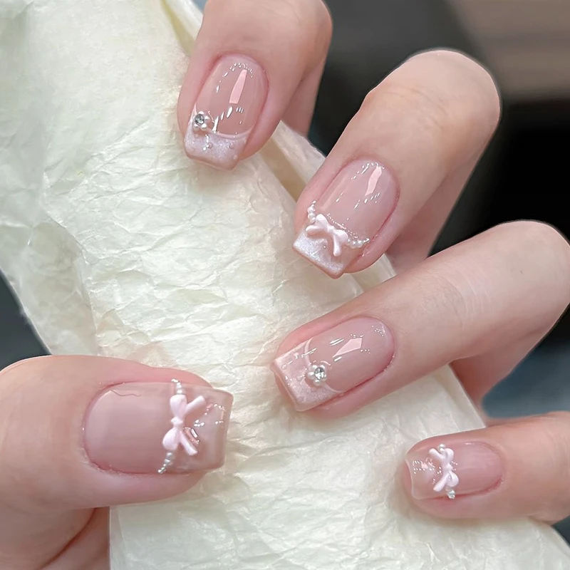 24Pcs Glitter Diamond Press On Nails Blush Pink Cat Eye Fake Nails Sweet Cute Coffin Full Cover Short Square False Nail Tips Art - Image 4