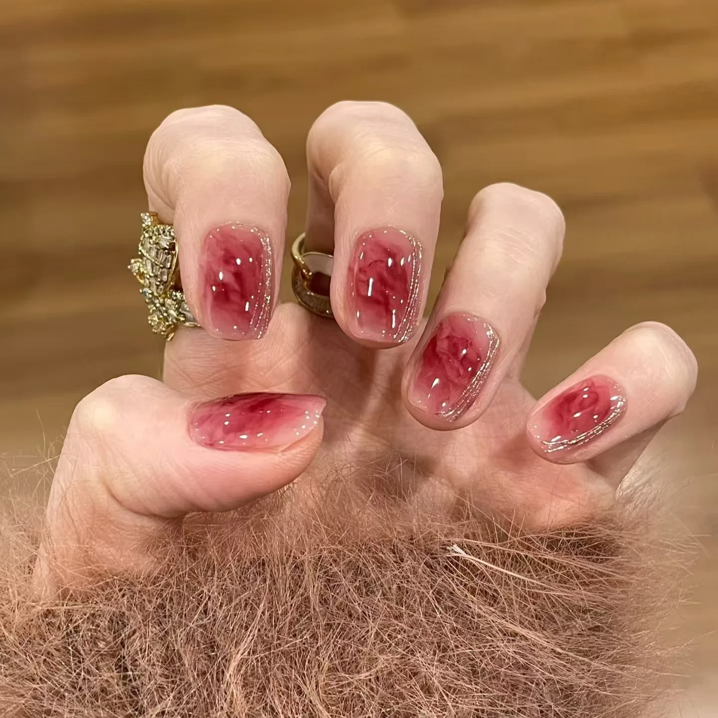 24Pcs Glitter Diamond Press On Nails Blush Pink Cat Eye Fake Nails Sweet Cute Coffin Full Cover Short Square False Nail Tips Art - Image 5