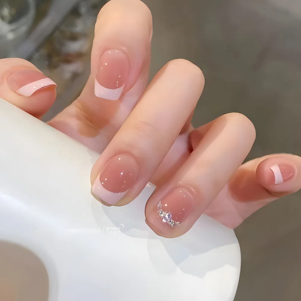 24Pcs Glitter Diamond Press On Nails Blush Pink Cat Eye Fake Nails Sweet Cute Coffin Full Cover Short Square False Nail Tips Art - Image 6