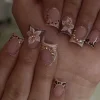 24Pcs Leopard Print French Press on Fake Nails Short Square Head Reusable Full Cover Nails Tips 3D Flower Rhinestone False Nails
