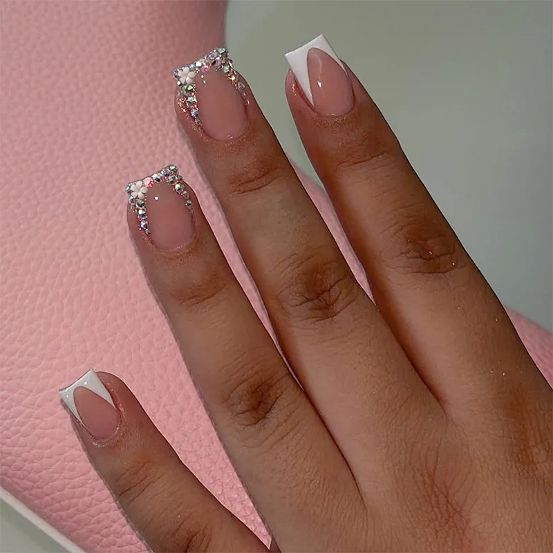 24Pcs Leopard Print French Press on Fake Nails Short Square Head Reusable Full Cover Nails Tips 3D Flower Rhinestone False Nails - Image 5