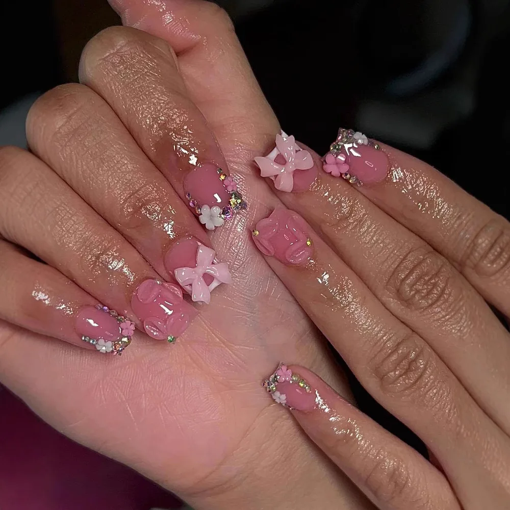 24Pcs Leopard Print French Press on Fake Nails Short Square Head Reusable Full Cover Nails Tips 3D Flower Rhinestone False Nails - Image 6