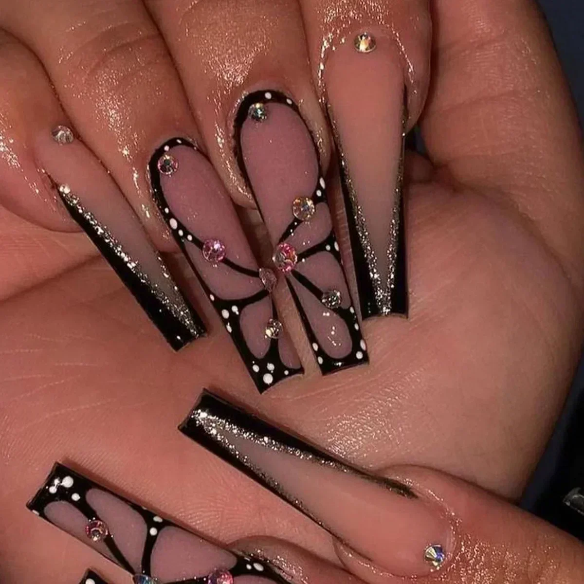 24Pcs Long Ballet False Nails Pink Butterfly with Rhinestones French Design Wearable Fake Nails Glitter Press on Nails Tips Art - Image 2