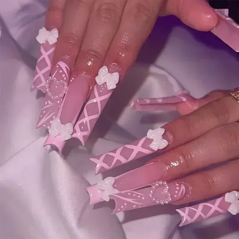 24Pcs Long Ballet False Nails Pink Butterfly with Rhinestones French Design Wearable Fake Nails Glitter Press on Nails Tips Art - Image 3