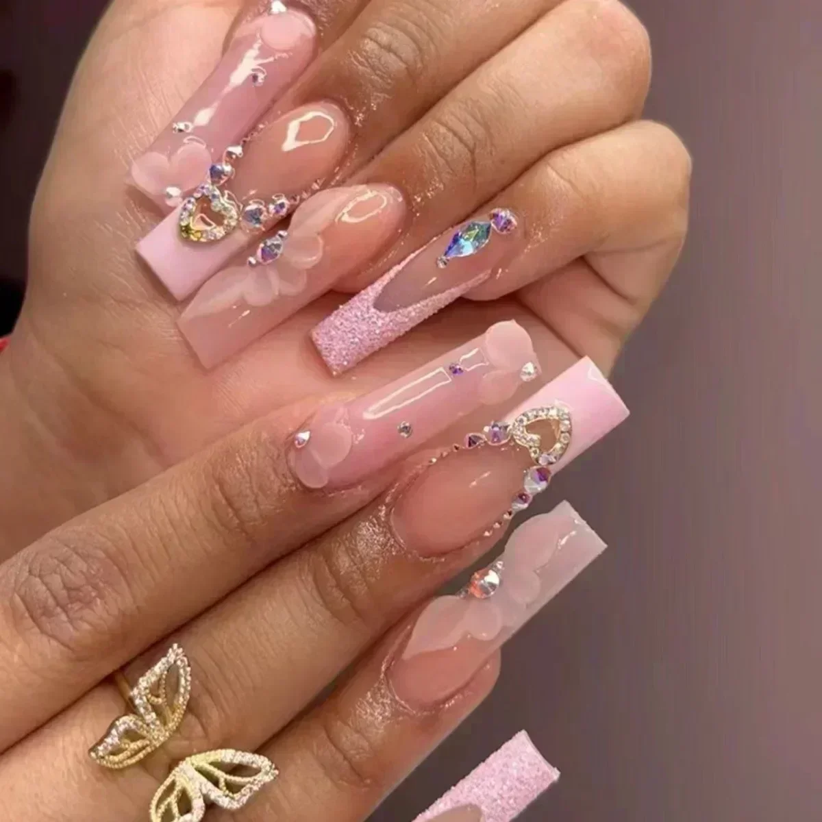 24Pcs Long Ballet False Nails Pink Butterfly with Rhinestones French Design Wearable Fake Nails Glitter Press on Nails Tips Art - Image 6