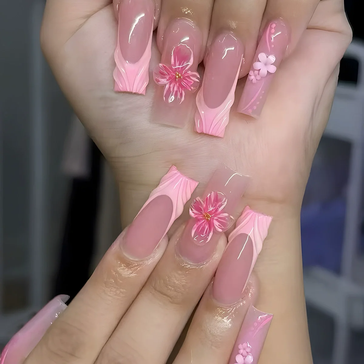 24Pcs Brown Long Coffin False Nails Glitter Ballet Wearable with French Design Fake nails Full Press on Nail Ins Nail Tips Art - Image 4