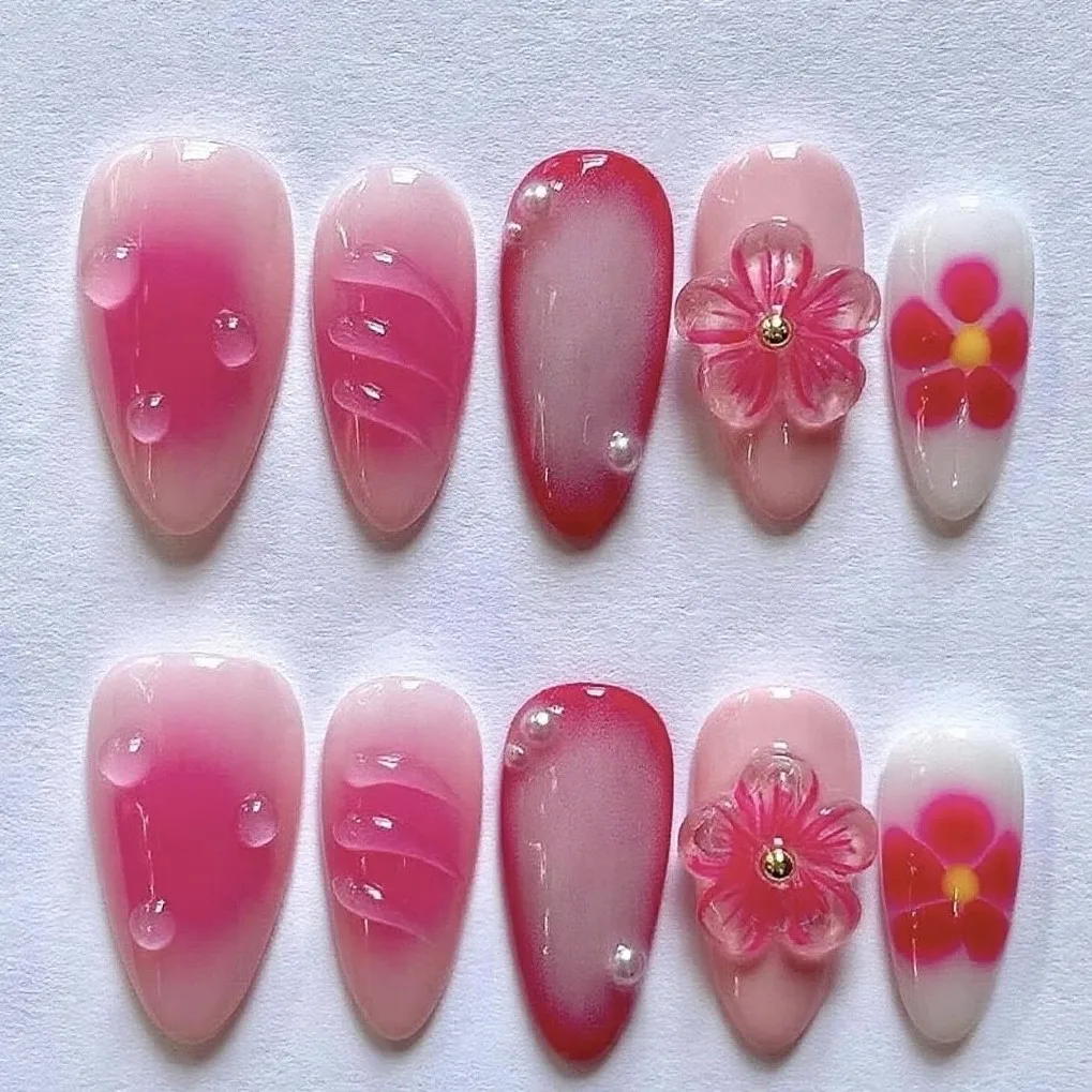 24Pcs Mid-length Gilded Almond Nails Set Press on 3D Flower Gradient Pink Full Cover False Nails Tips Pearl Reusable Fake Nails - Image 2