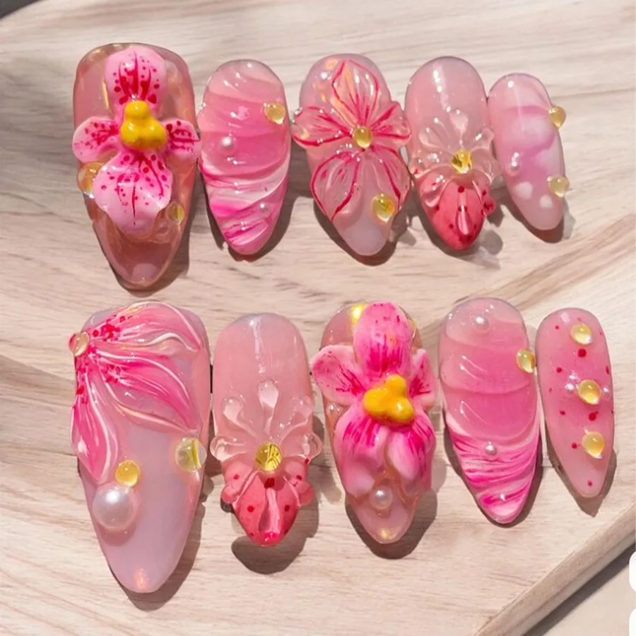 24Pcs Mid-length Gilded Almond Nails Set Press on 3D Flower Gradient Pink Full Cover False Nails Tips Pearl Reusable Fake Nails - Image 5
