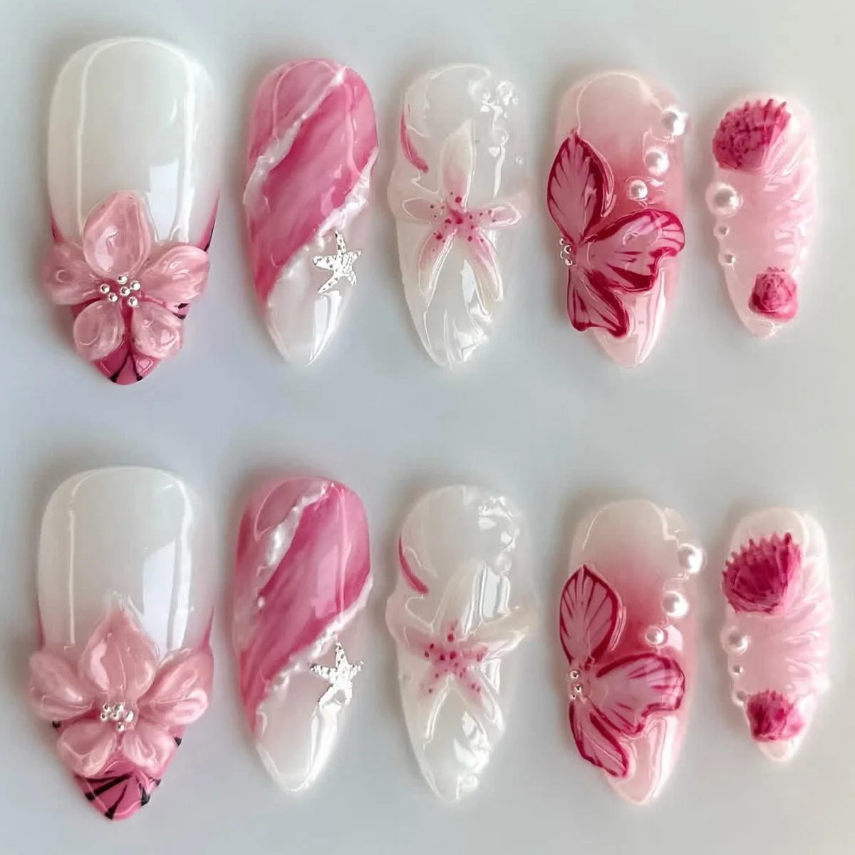 24Pcs Mid-length Gilded Almond Nails Set Press on 3D Flower Gradient Pink Full Cover False Nails Tips Pearl Reusable Fake Nails - Image 3