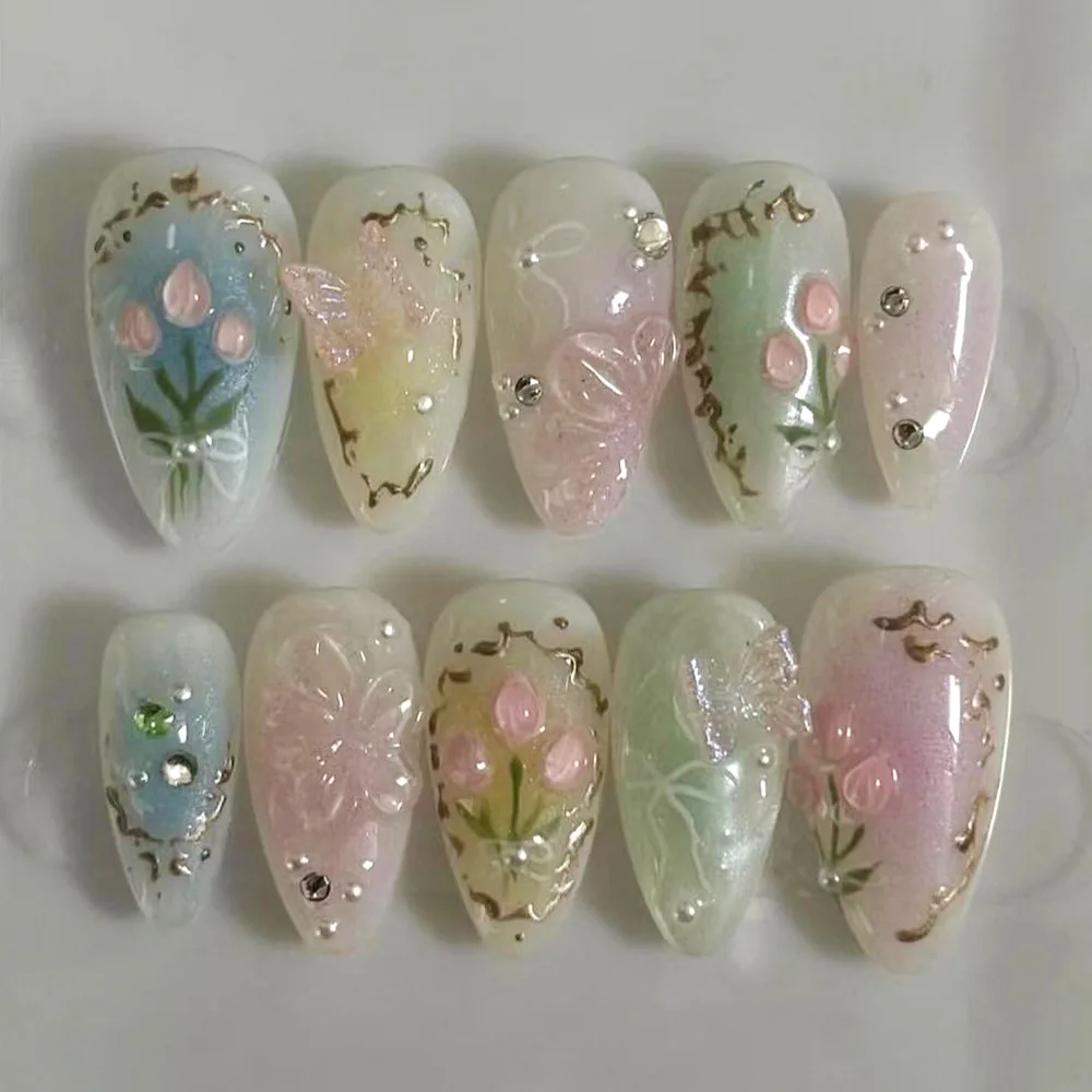 24Pcs Mid-length Gilded Almond Nails Set Press on 3D Flower Gradient Pink Full Cover False Nails Tips Pearl Reusable Fake Nails - Image 6