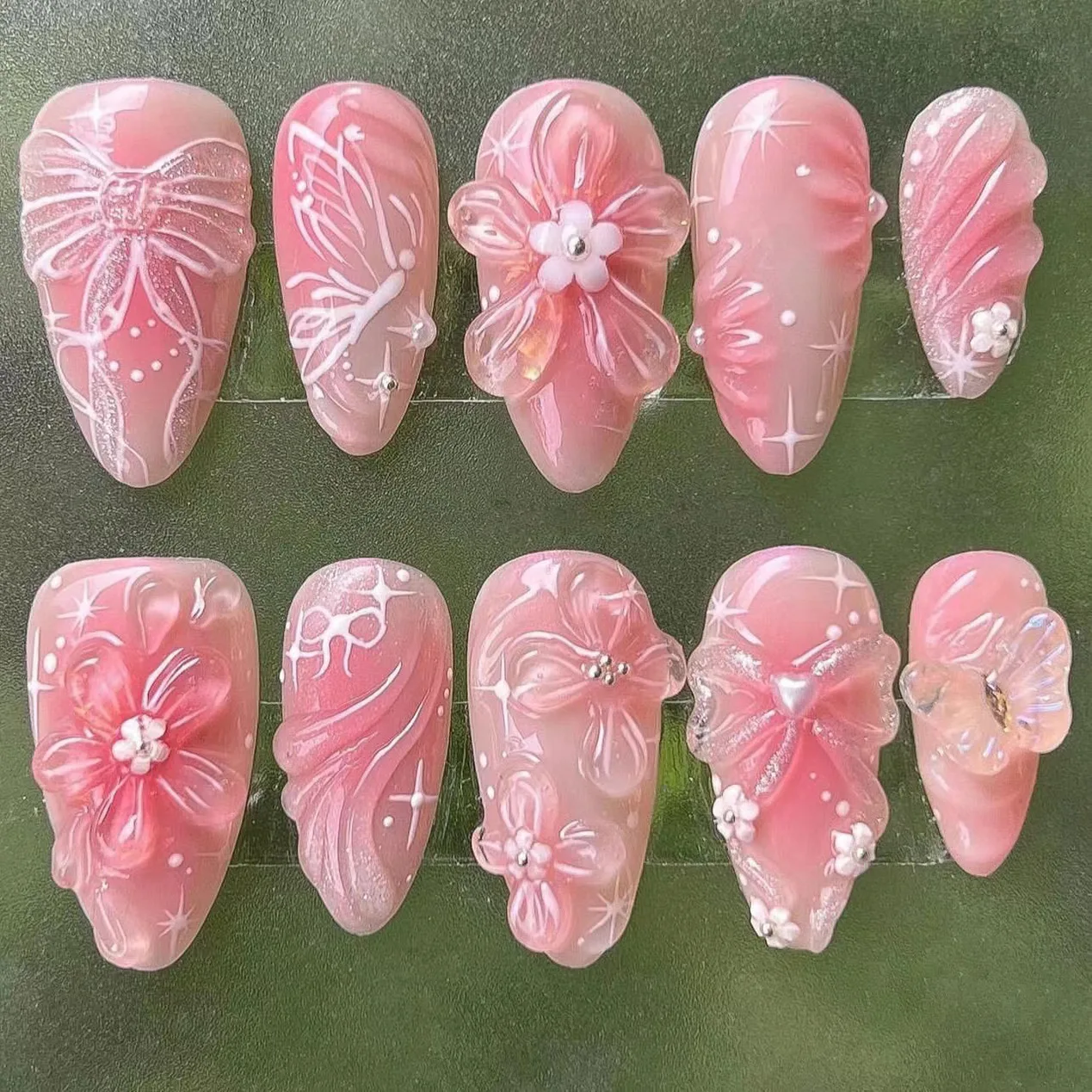 24Pcs Mid-length Gilded Almond Nails Set Press on 3D Flower Gradient Pink Full Cover False Nails Tips Pearl Reusable Fake Nails - Image 4