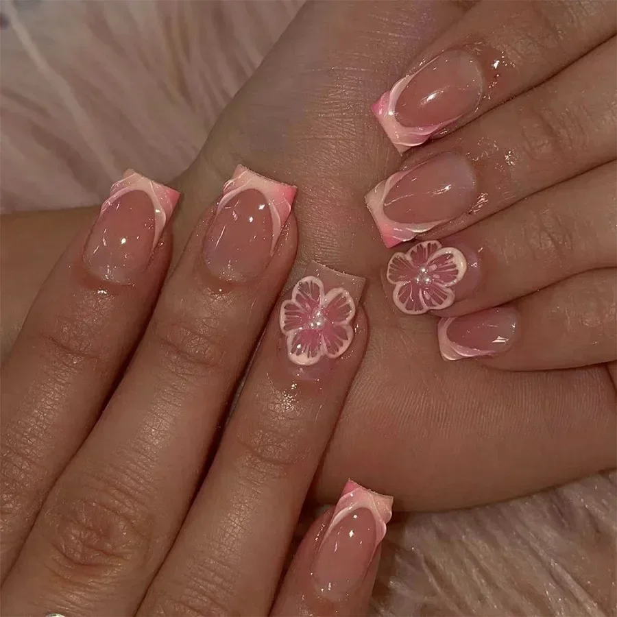 24Pcs Nude White French Fake Nail Short Square Nail Tips Fashion Wearable False Nails with Glue Simple Full Cover Press on Nails - Image 2