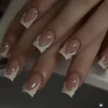 24Pcs Nude White French Fake Nail Short Square Nail Tips Fashion Wearable False Nails with Glue Simple Full Cover Press on Nails