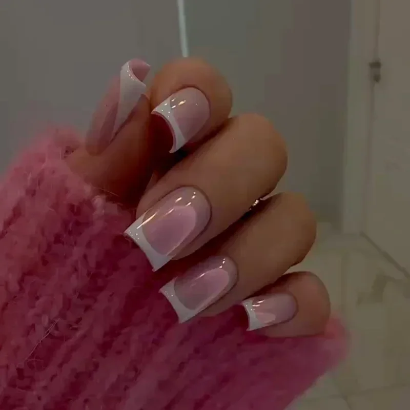 24Pcs Nude White French Fake Nail Short Square Nail Tips Fashion Wearable False Nails with Glue Simple Full Cover Press on Nails - Image 4