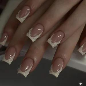 24Pcs Nude White French Fake Nail Short Square Nail Tips Fashion Wearable False Nails with Glue Simple Full Cover Press on Nails