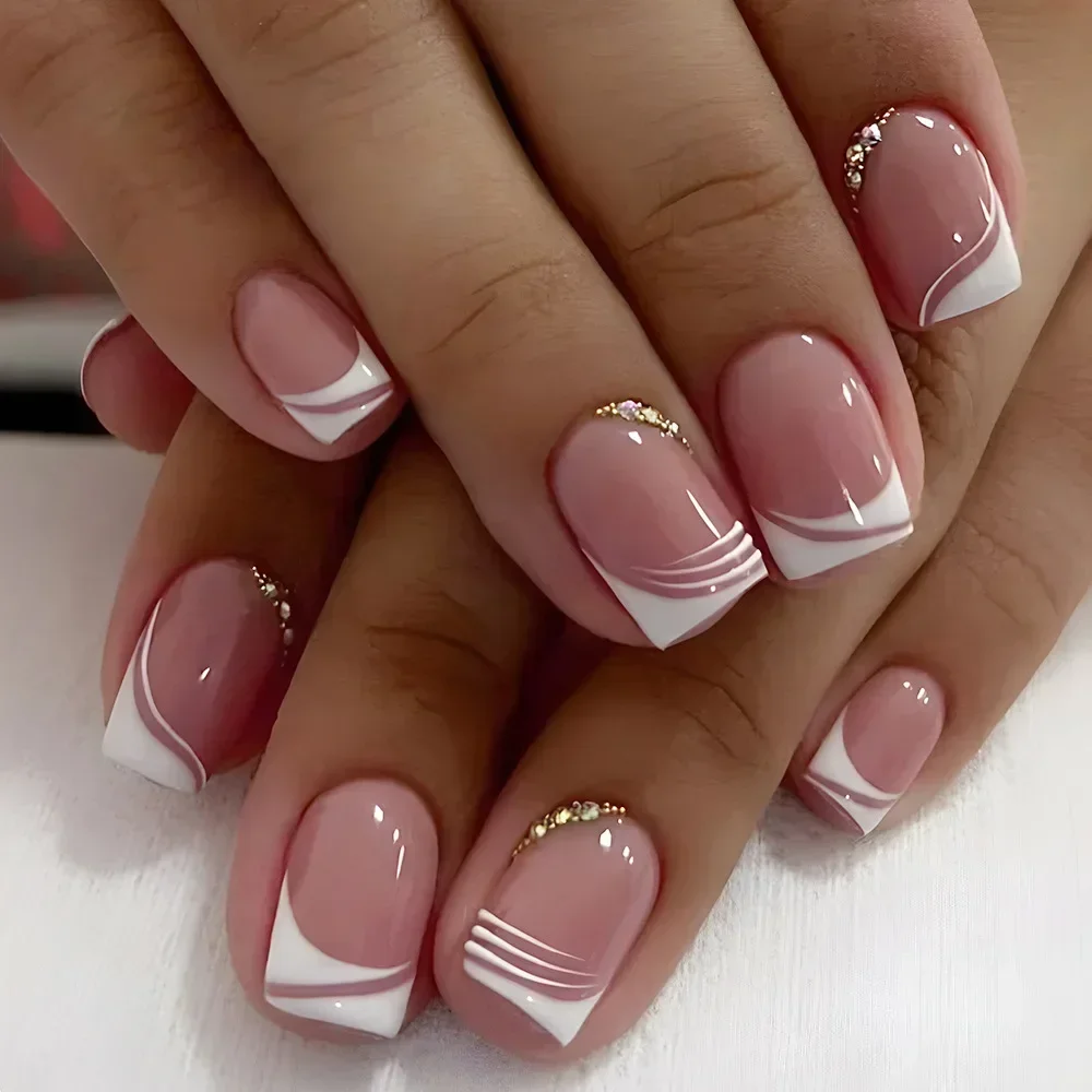 24Pcs Nude White French Fake Nail Short Square Nail Tips Fashion Wearable False Nails with Glue Simple Full Cover Press on Nails - Image 5