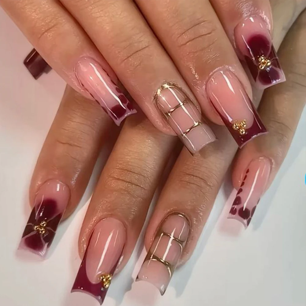 24Pcs Retro Flower Long Coffin French Fake Nails Caviar Bead Floral Gold Hollow Design Press On Nail Tips Y2k Acrylic False Nail - Image 2