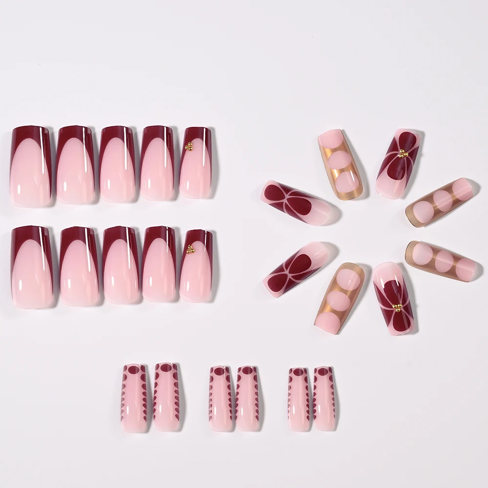 24Pcs Retro Flower Long Coffin French Fake Nails Caviar Bead Floral Gold Hollow Design Press On Nail Tips Y2k Acrylic False Nail - Image 5