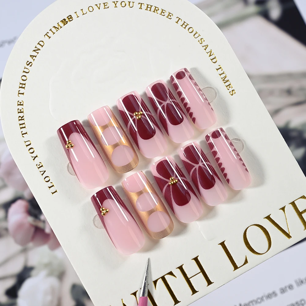 24Pcs Retro Flower Long Coffin French Fake Nails Caviar Bead Floral Gold Hollow Design Press On Nail Tips Y2k Acrylic False Nail - Image 3