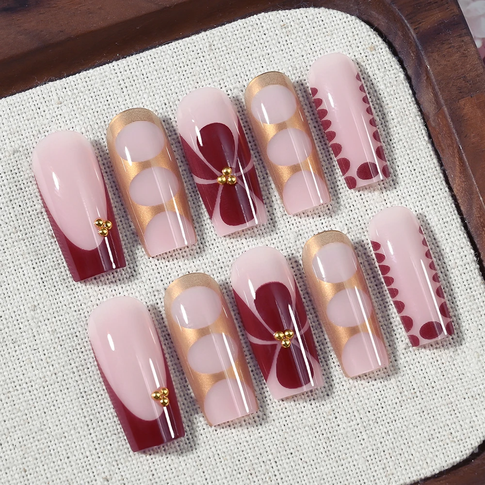 24Pcs Retro Flower Long Coffin French Fake Nails Caviar Bead Floral Gold Hollow Design Press On Nail Tips Y2k Acrylic False Nail - Image 4