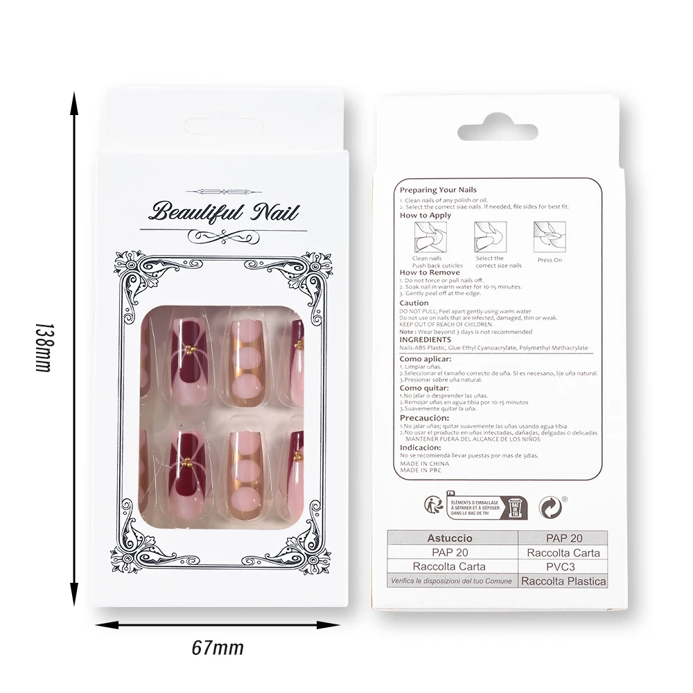 24Pcs Retro Flower Long Coffin French Fake Nails Caviar Bead Floral Gold Hollow Design Press On Nail Tips Y2k Acrylic False Nail - Image 6