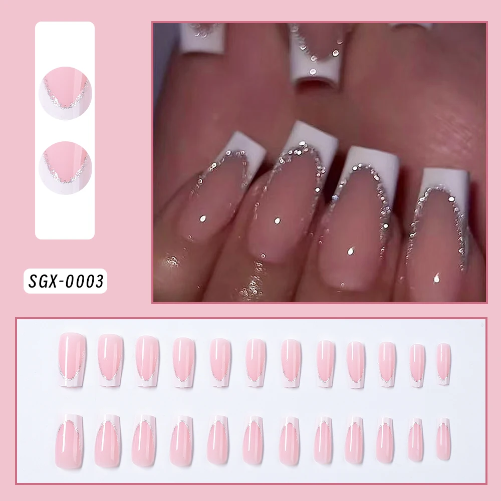 24Pcs Short Square Coffin False Nails French Glitter Wearable Fake Nails Acrylic Full Cover Women Ballet Press on Nails Tips - Image 2