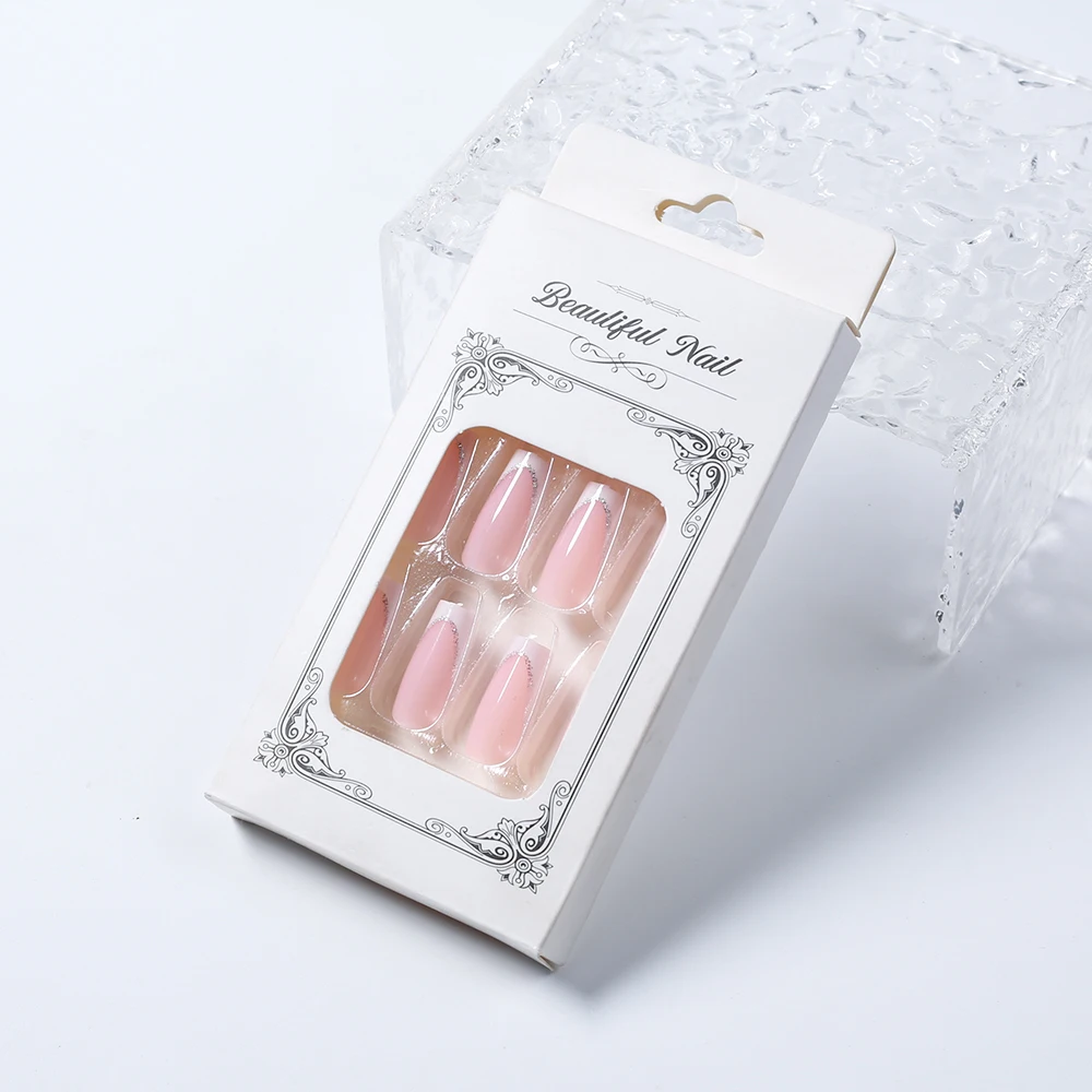 24Pcs Short Square Coffin False Nails French Glitter Wearable Fake Nails Acrylic Full Cover Women Ballet Press on Nails Tips - Image 4