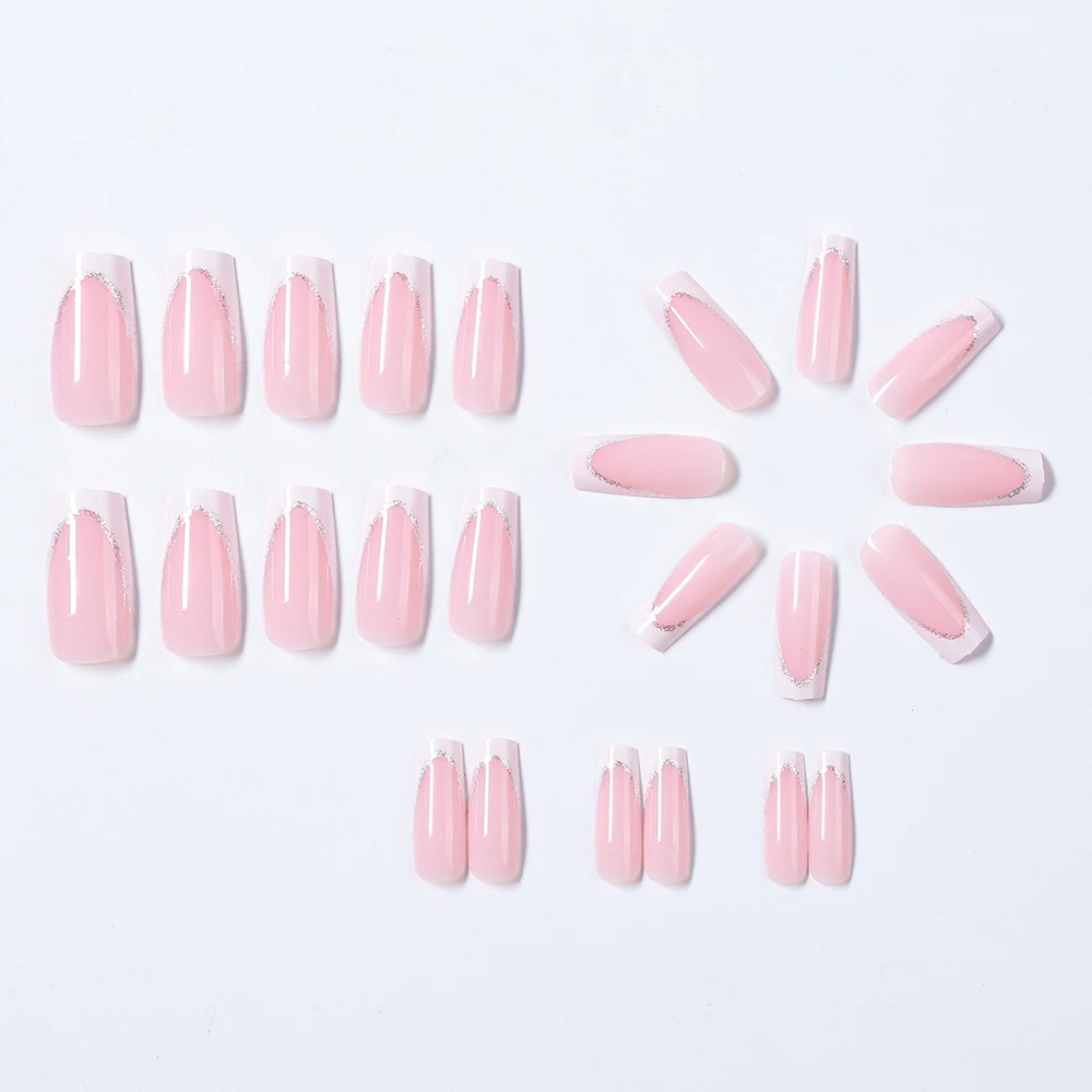 24Pcs Short Square Coffin False Nails French Glitter Wearable Fake Nails Acrylic Full Cover Women Ballet Press on Nails Tips - Image 5