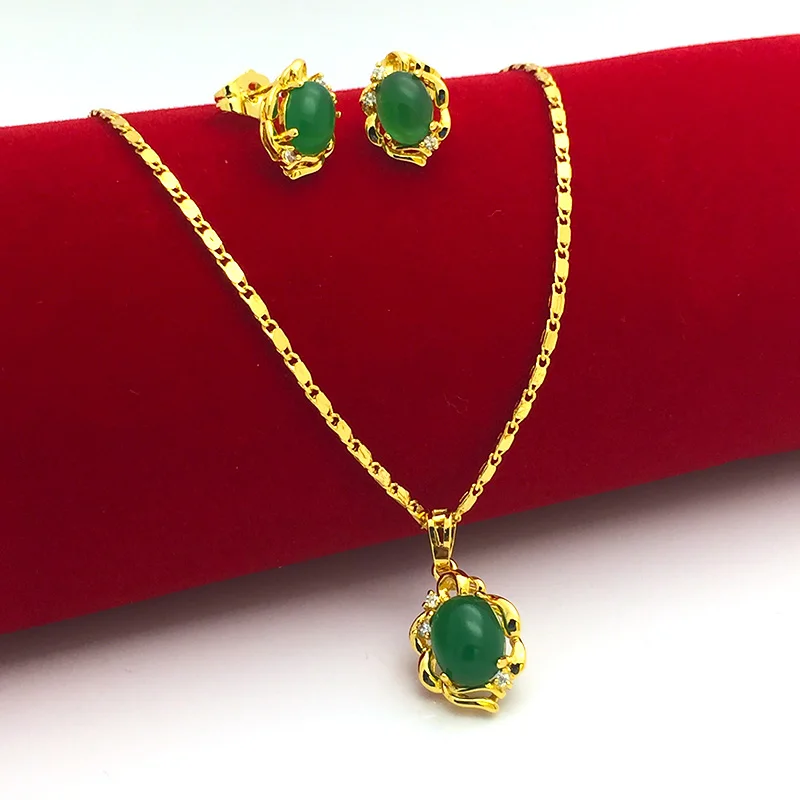 24k Gold Plated Emerald Pendant Necklace Earring Jewelry Set For A Woman's Engagement Gift - Image 2