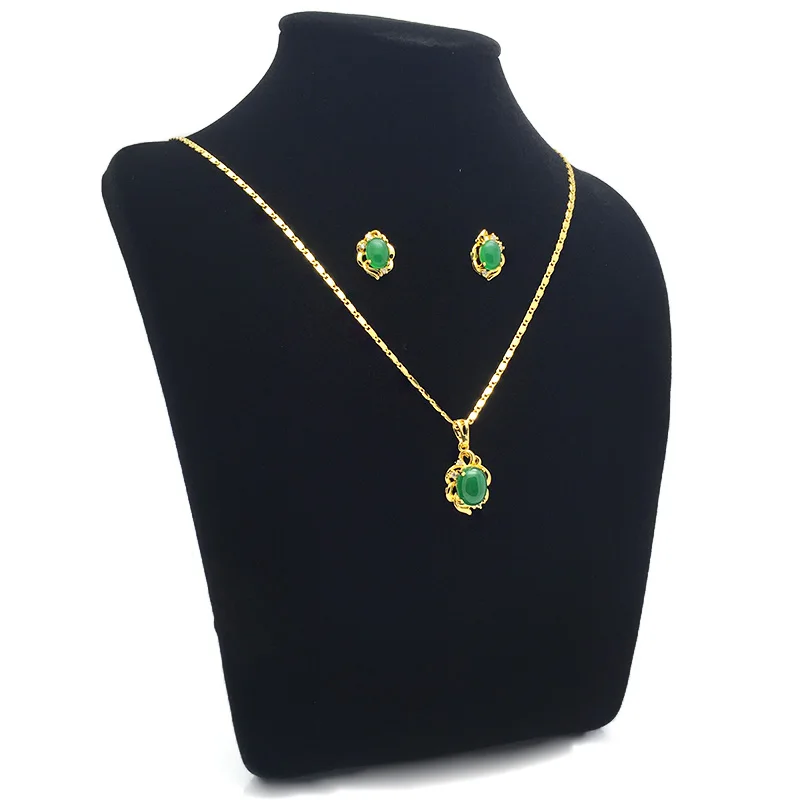 24k Gold Plated Emerald Pendant Necklace Earring Jewelry Set For A Woman's Engagement Gift - Image 5